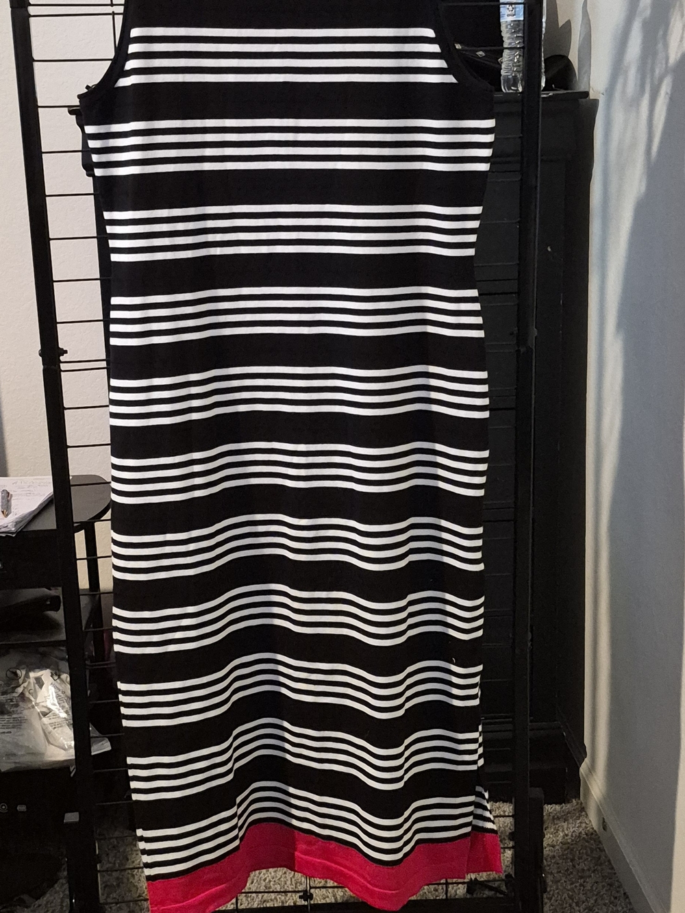 Striped Black and White Midi Skirt with Red Hem